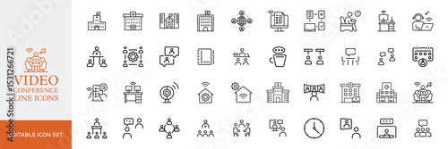 Big set of video conference line icons. Meeting, online, live, call etc. Editable stroke