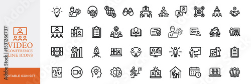 Big set of video conference line icons. Meeting, online, live, call etc. Editable stroke