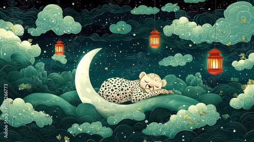 A leopard cub rests peacefully on a crescent moon, nestled amidst clouds and lanterns in a dark night sky