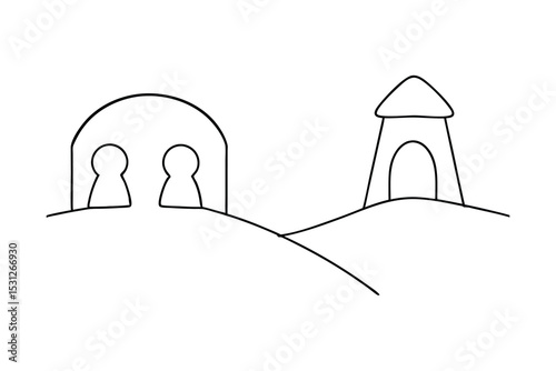 Simple line drawing of two figures in an archway and a house on a hill