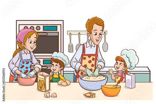 Family making cake or bread in the kitchen vector illustration