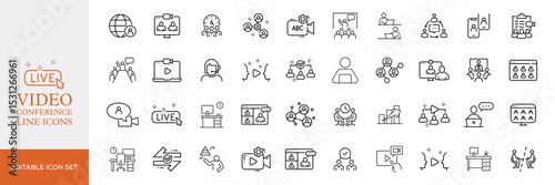 Big set of video conference line icons. Meeting, online, live, call etc. Editable stroke