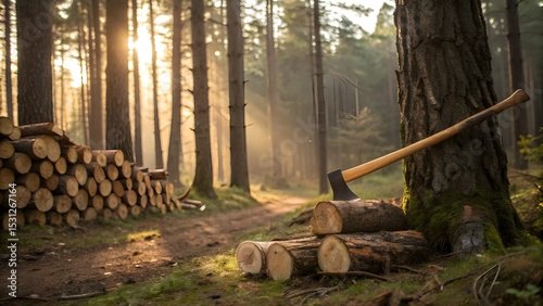 An axe resting against a tree after cutting logs evoking the solitude of the woods and the honest work of logging with