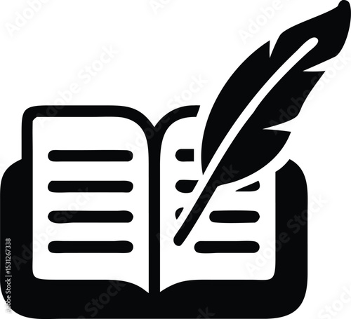 Vintage quill pen writing in open book icon. Writing book icon