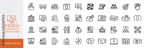 Big set of video conference line icons. Meeting, online, live, call etc. Editable stroke