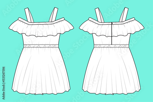 Baby girls strap belt party Dress technical drawing fashion flat sketch vector illustration template front and back views outline CAD mockup.