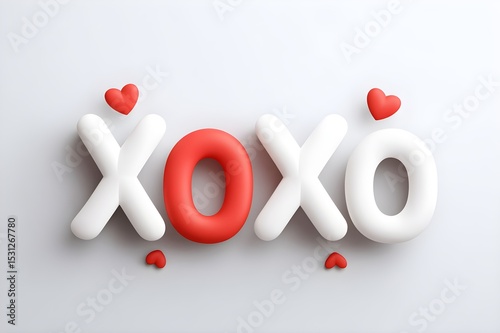 3D illustration of XOXO letters in white and red with small heart details, set against a light gray background, representing hugs, kisses, and affection in a playful style.