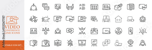 Big set of video conference line icons. Meeting, online, live, call etc. Editable stroke