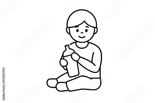 Arabian boy sitting while enjoying a bottle of fresh milk to fulfill his body nutrition. Child health and growth. Modern continuous line draw design graphic vector illustration