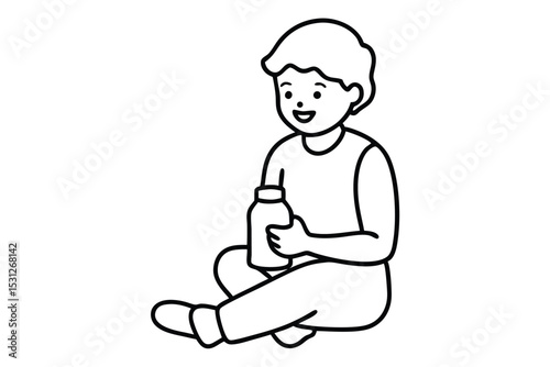 Baby hand with water bottle line art vector illustration