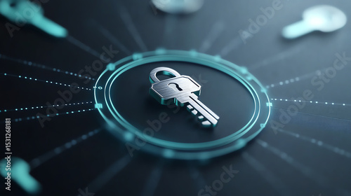 A digital key symbolizing security and encryption, surrounded by a network of connections representing cybersecurity.