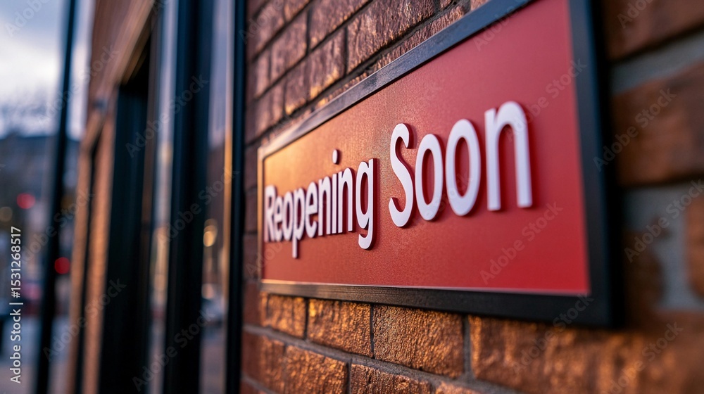 Obraz premium Sign announcing reopening of a business in an urban area during sunset hours