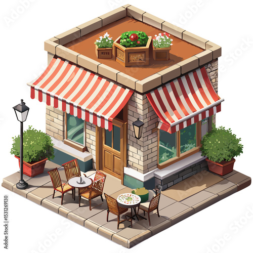 vector of a charming European-style corner café with striped awning, tables outside, isometric angle, white background
