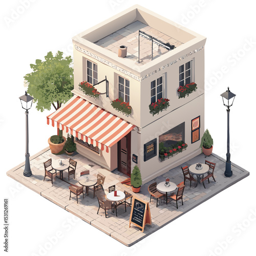 vector of a charming European-style corner café with striped awning, tables outside, isometric angle, white background
