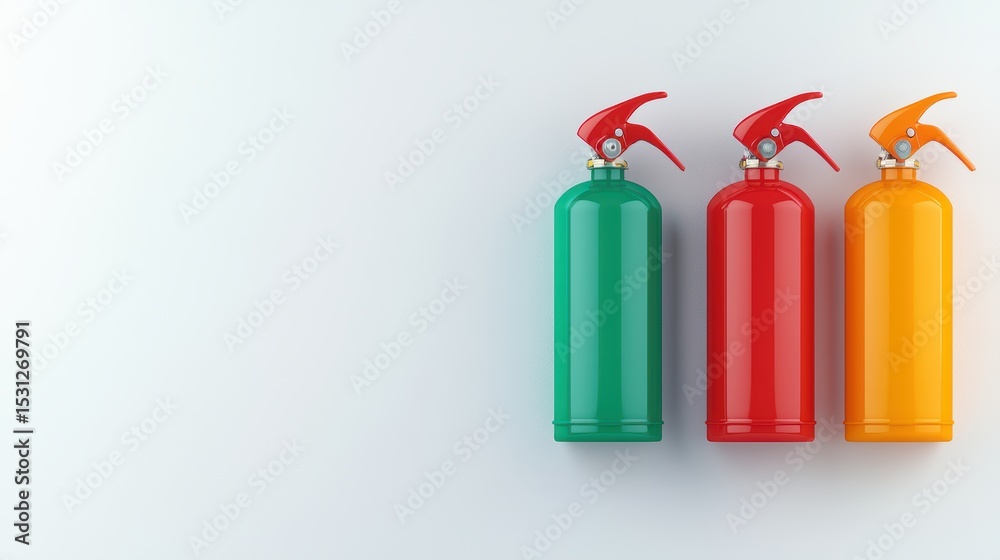 Obraz premium Colorful fire extinguishers in red, green, and yellow arranged on a clean surface for safety and emergency preparedness