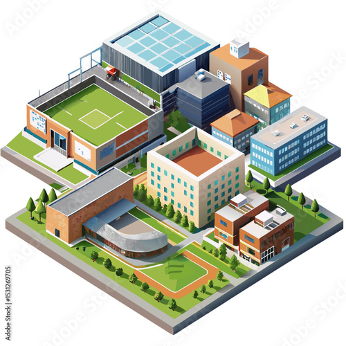 vector of a modern high school with sports field, multiple buildings, and pathways in isometric perspective, white background
