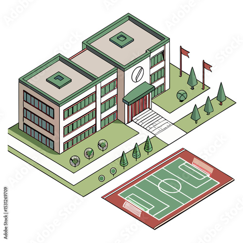 vector of a modern high school with sports field, multiple buildings, and pathways in isometric perspective, white background
