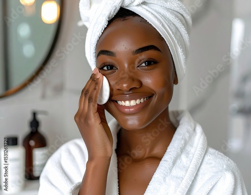 A smiling woman in a white robe and towel wraps her hair while cleansing her face with a cotton pad in a bright bathroom.