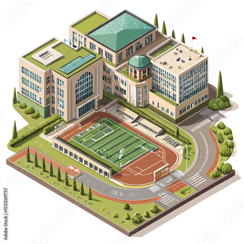 vector of a modern high school with sports field, multiple buildings, and pathways in isometric perspective, white background
