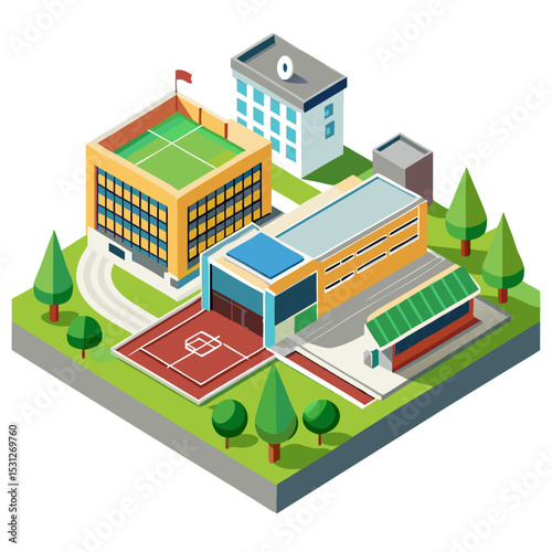 vector of a modern high school with sports field, multiple buildings, and pathways in isometric perspective, white background

