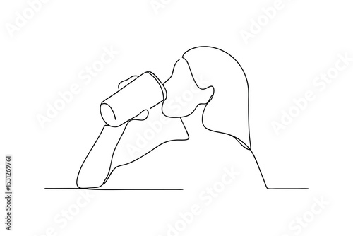 Woman drinking from a cup line drawing minimalist art