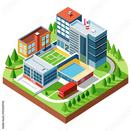 vector of a modern high school with sports field, multiple buildings, and pathways in isometric perspective, white background
