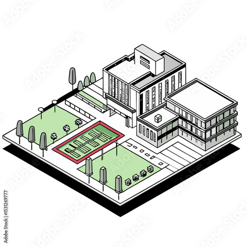 vector of a modern high school with sports field, multiple buildings, and pathways in isometric perspective, white background
