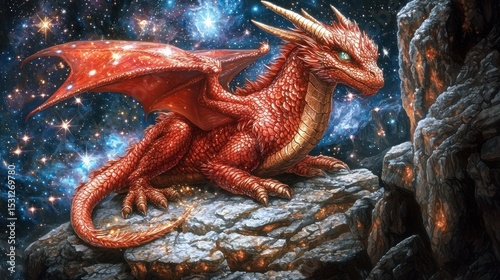 A small, fiery dragon rests on a rocky outcrop against a star-dusted backdrop