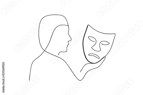Woman holding a sad mask line drawing minimalist art