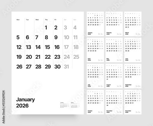 Monthly calendar layout for 2026 year. Vertical diary planner for 2026 year. Week Starts on Monday. 