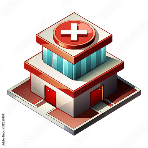 vector of a hospital complex with emergency entrance, red cross symbol, and rooftop helipad in isometric style, isolated on white
