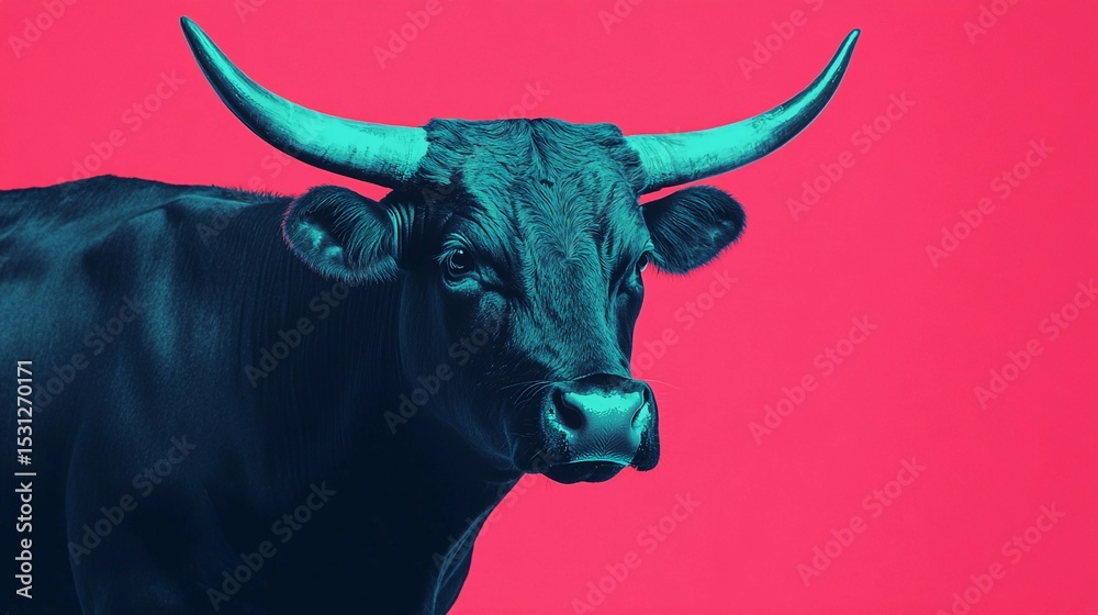 Naklejka premium Vibrant close-up of a black bull against a bright pink background