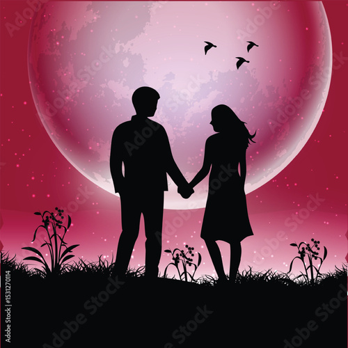 Romantic Couple silhouette walking under moonlight,  Vector Illustration