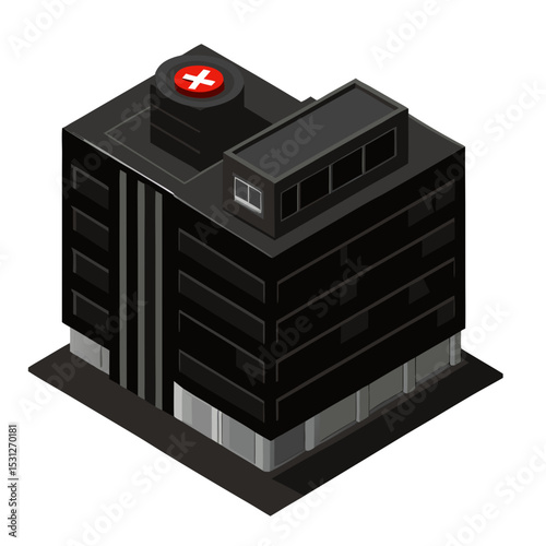 vector of a hospital complex with emergency entrance, red cross symbol, and rooftop helipad in isometric style, isolated on white
