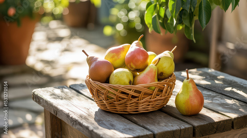 Wallpaper Mural Freshly picked pears in a rustic basket on a sunlit wooden table outdoors.
 Torontodigital.ca