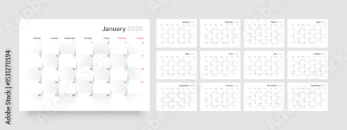 Monthly calendar layout for 2026 year. Diary planner for 2026 year. Week Starts on Monday. 