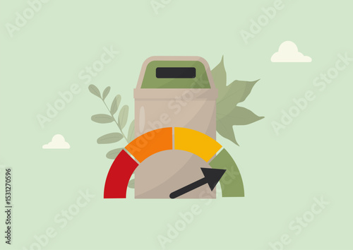 Environmental sustainability gauge with eco friendly bin. Green business performance meter concept for corporate presentations and marketing. Waste management. Recycling evaluation.Vector illustration