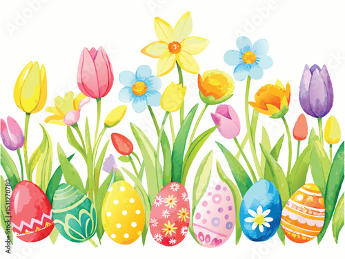 Colorful Easter Eggs & Spring Flowers Watercolor Clipart for Holiday Decorations