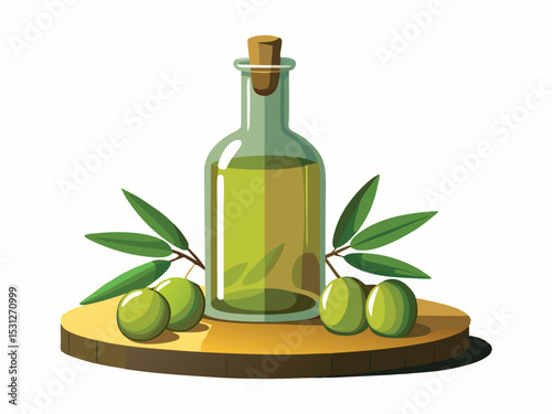 Cold-Pressed Olive Oil Bottle with Fresh Green Olives - Healthy Cooking & Dressing