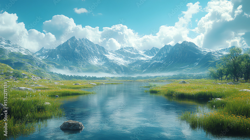 Fototapeta premium A serene landscape featuring mountains, a river, and lush green fields under a clear blue sky, perfect for nature enthusiasts.