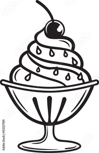 Ice Cream sundae Vector Illustration, Sketch Drawing Line Linear Symbol Icon Engraving Coloring Book, Hand-drawn Black and White Isolated