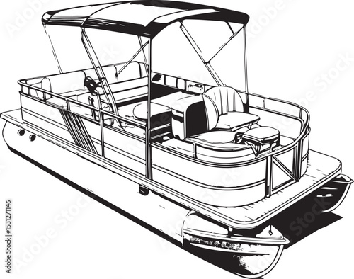 Pontoon boat Vector Illustration, Sketch Drawing Line Linear Symbol Icon Engraving Coloring Book, Hand-drawn Black and White Isolated