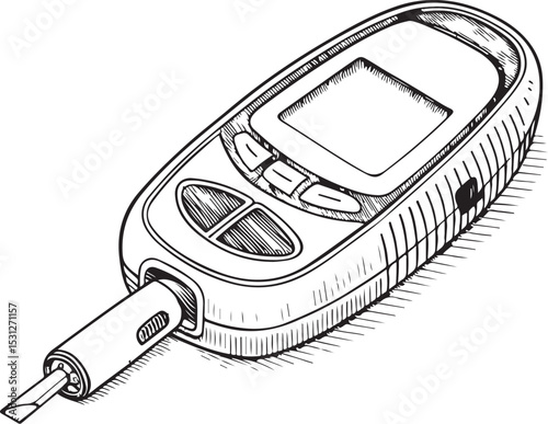 Glucometer for Glucose and Diabetes Vector Illustration, Sketch Drawing Line Linear Symbol Icon Engraving Coloring Book, Hand-drawn Black and White Isolated