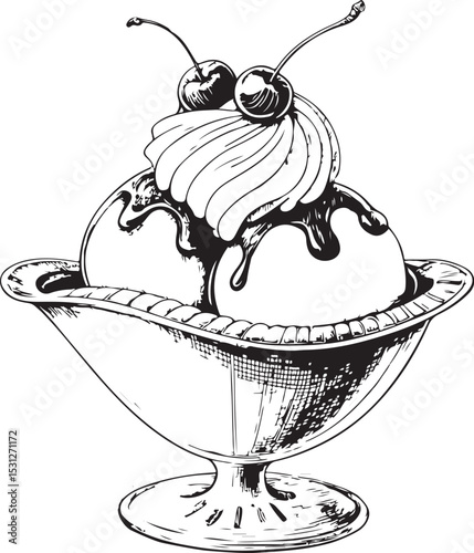 Ice Cream sundae Vector Illustration, Sketch Drawing Line Linear Symbol Icon Engraving Coloring Book, Hand-drawn Black and White Isolated