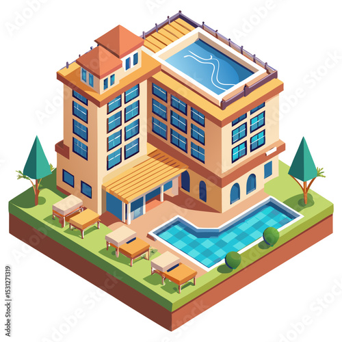 vector of a luxury hotel with balconies, rooftop swimming pool, and lounge chairs, isometric angle, isolated on white
