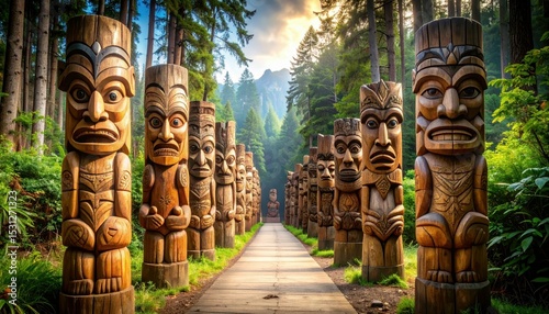 Pathway of Carved Wooden Totems with Animal Spirits in Forest Setting