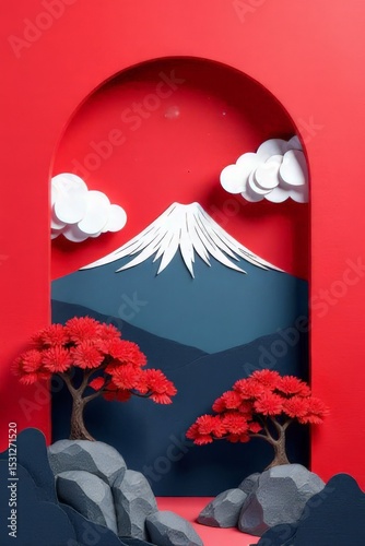 Japanese Mountain Landscape Paper Art Sculpture Red Background