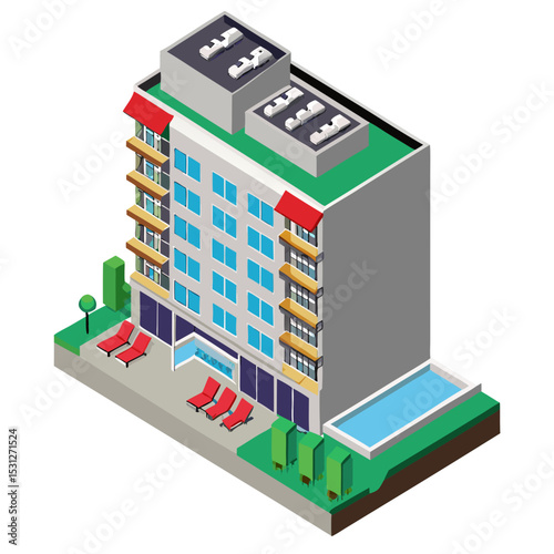 vector of a luxury hotel with balconies, rooftop swimming pool, and lounge chairs, isometric angle, isolated on white
