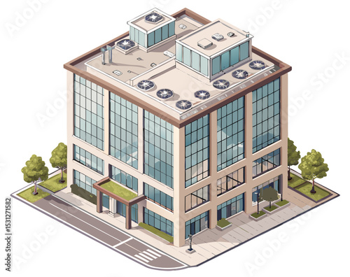 vector of a multi-story office building with glass windows and rooftop HVAC units in isometric view, isolated on white background
