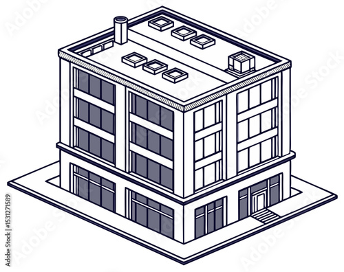 vector of a multi-story office building with glass windows and rooftop HVAC units in isometric view, isolated on white background
